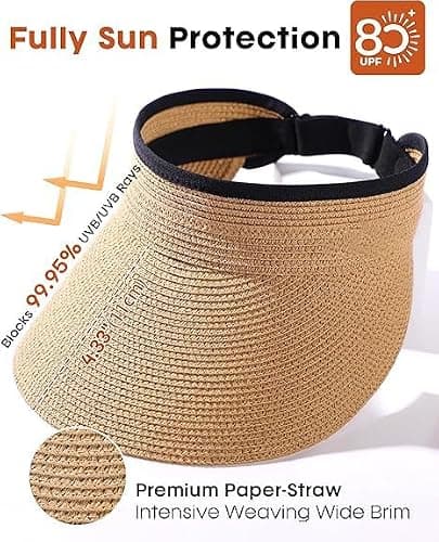 Women's Straw Sun Visor Hat, Wide Brim UPF UV Protection, Packable Ponytail Beach Visor for Summer Outdoor Travel Khaki — view 2