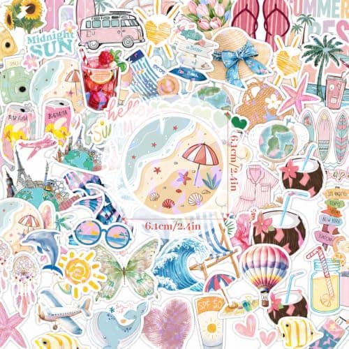 50 Pcs Summer Holiday Travel Stickers Aesthetic | Laser Film PET Waterproof Laptop Stickers for Water Bottle Scrapbook Luggage DIY Decor — view 3