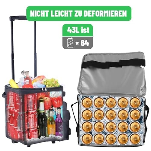 Rolling Cooler Bags 43 Litres, Collapsible Insulated & Leakproof Soft Cool Bag on Wheels, Waterproof with Dual Zipper, Oxford Cloth, Perfect for Camping, Picnics, BBQs & Beach Trips — view 4