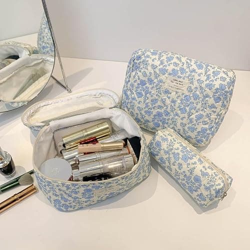 Aucuu 3PCS Coquette Makeup Bag, Quilted Makeup Bag for Women, Floral Cotton Cosmetic Bag Set, Large Capacity Aesthetic Floral Toiletry Bag, Travel Toiletry Bag, Wash Organizer Pouch for Women Girls — view 5
