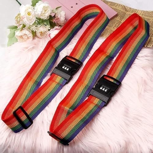 Luggage Straps for Suitcases Strap Suitcase Belts - 2 Heavy duty Luggage Straps - Adjustable Suitcase Straps - Premium Accessory for Travel Bag Closure for winter summer holiday (Rainbow with Lock) — view 2