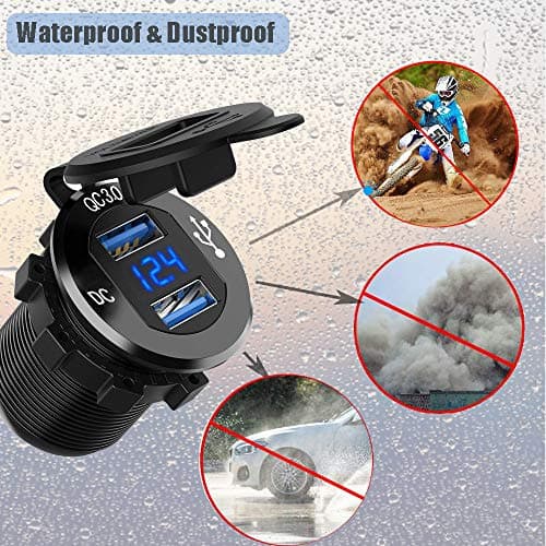 Quick Charge 3.0 Car Charger Socket 12V/24V 36W Aluminum QC3.0 Dual USB Fast Charger Socket Power Outlet with LED Voltmeter for Marine, Boat, Motorcycle, Truck, Golf Cart (Dual QC3.0 (Blue)) — view 4