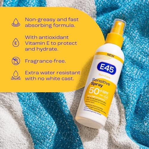E45 Sun Body Cream Spray for Sensitive Skin. Hydrating Sun Spray with very high UVA and UVB protection and SPF 50+. Instantly Moisturising for Dry Skin, Sensitive Skin and Eczema Prone Skin - 180 ml — view 5