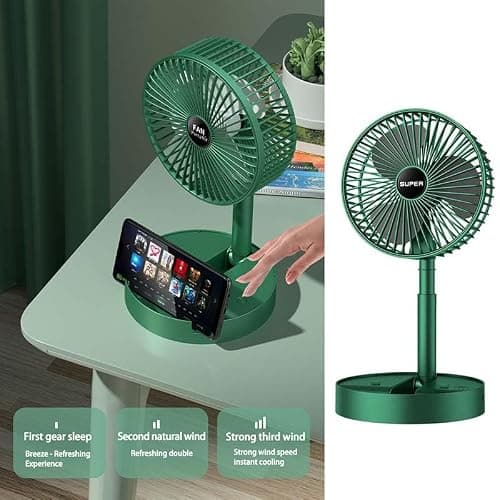 Telescopic Folding Fan - 2026 New Portable USB Rechargeable Collapsible Desk Fan for Travel, Silent Stand up Fan Wireless Folding Oscillating Compact Floor Standing Fans for Dorm ＆ Bedroom (Green) — view 6