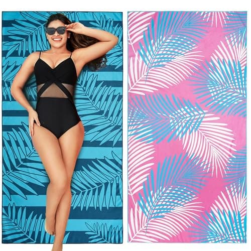 Winthome 2 Pack Beach Towel for Adults - Large Microfibre Beach Towel Quick-Dry, Sand Free, Lightweight, With Bag for Beach, Pool, Camping, Yoga & Outdoor Pink + Blue Leaf 90×180cm