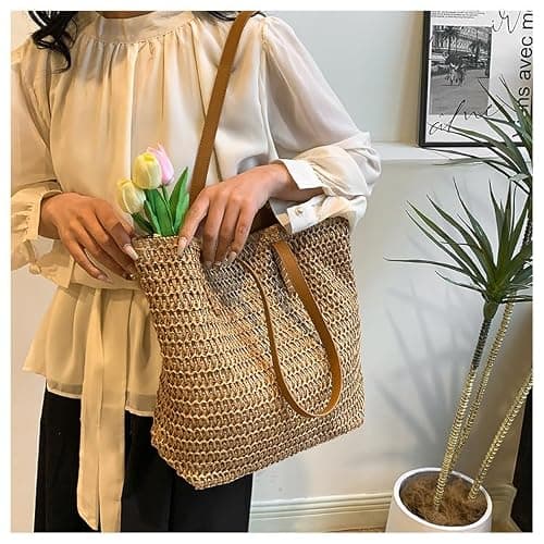 Aucuu Straw Shoulder Bag, Straw Bag for Women, Beach Bag, Large Zippered Handbag Tote Bag, Bohemian Summer Handheld Shoulder Bag for Outdoor Travel and Beach (Caramel) — view 3