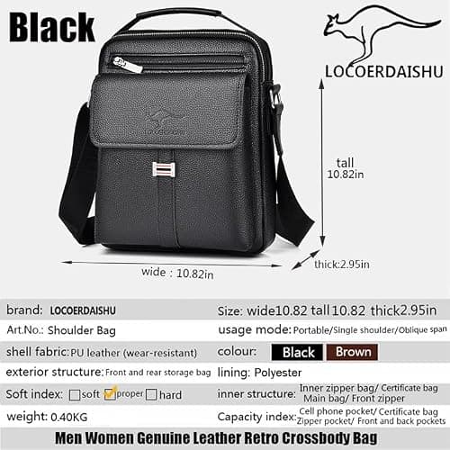 Men's Genuine Leather Shoulder Bag, Retro Crossbody Messenger Bag, Casual Travel Satchel with Adjustable Strap, Business Daily Use for Phone Wallet Keys Passport (Black) — view 4