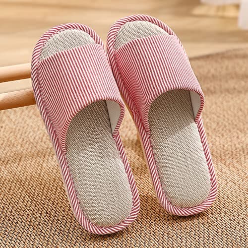 JIJIe Slippers for Women Men Linen Slippers Open Toe House Shoes Summer Sandals for Indoor Outdoor Bedroom (Red 36/37) — view 2