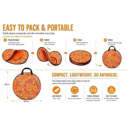 2 PERSON POP UP FESTIVAL TENT, WATERPROOF INSTANT CAMPING TENT, EASY PITCH SHELTER, ORANGE FLORAL DESIGN. — view 6