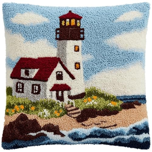 XDEGHUANGSS Latch Hook Cushion Kit for Adults Beginners,Lighthouse and Cabin Pre-Printed Canvas Pillow Cover Making Kit with Wool Yarn,DIY Sofa Home Decor Craft Gift