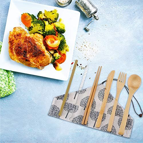 4 Sets Bamboo Travel Utensils Set, Reusable Bamboo Utensil Fork Knife Spoon Chopsticks Straw Cleaning Brush for Travel Picnic Office School (Pattern 2) — view 4
