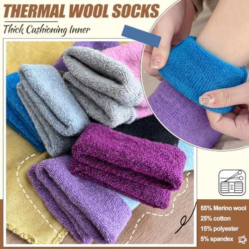 EBMORE Womens Merino Wool Socks Thermal Thick Warm Winter Cosy Boot Work Gift Stocking Fillers Women Hiking Walking Ladies Socks 5 Pairs(Turn Cuff Purple) — view 5