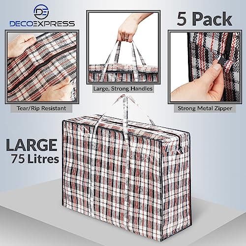 DECO EXPRESS Laundry Bags XL, Pack of 5, 75L Strong, Durable & Reusable Extra Large Storage Bags with Zips, Ideal for Moving, Shopping, Packing, Laundry & Clothes Storage (60 X 50 X 25 CM) — view 5