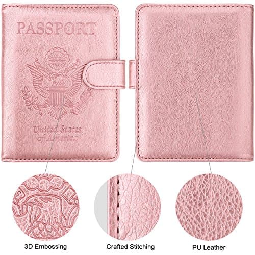 WALNEW Passport Holder for Travel, RFID Wallet for Men Women, PU Leather Case with Pen, Buckle, Rose Gold, Buckle Closure — view 2