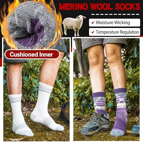 Welwoos Merino Wool Walking Hiking Socks for Women Men Thermal Winter Warm Cosy Crew Work Gift Socks Stocking Fillers 5 Pairs(Purple, 3-7) — view 3