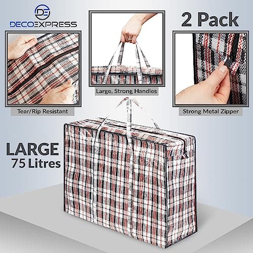 DECO EXPRESS Laundry Bags XL, Pack of 2, 75L Strong, Durable & Reusable Extra Large Storage Bags with Zips, Ideal for Moving, Shopping, Packing, Laundry & Clothes Storage (60 X 50 X 25 CM) — view 5