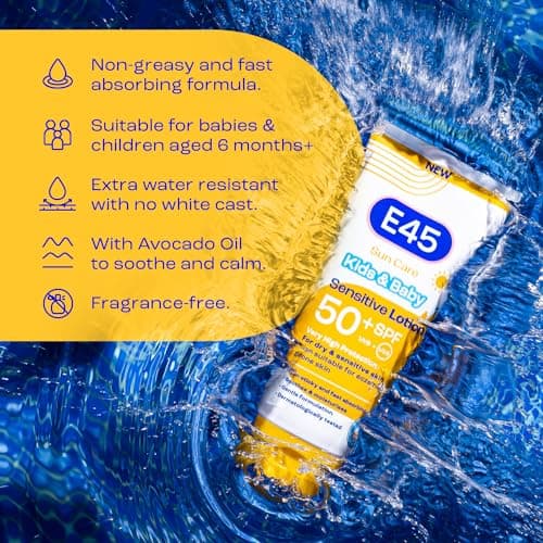 E45 Kids & Baby Sun Lotion for Sensitive Skin SPF 50+. Face & Body Gentle Sun Cream with UVA & UVB Protection with Avocado Oil. For Dry Sensitive Skin and Eczema Prone Skin -180 ml — view 5