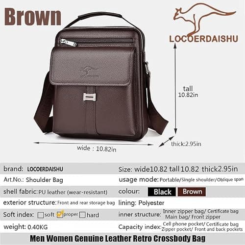 LOCOERDAISHU Men's Genuine Leather Shoulder Bag, Retro Crossbody Messenger Bag, Casual Travel Satchel with Adjustable Strap, Business Daily Use for Phone Wallet Keys Passport (Brown) — view 4
