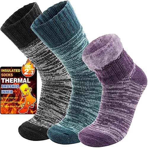 Welwoos Heated Thermal Socks for Women Winter Warm Ski Thick Boot Insulated Gift Socks Stocking Fillers for Women 3 Pairs (Purple & Blue & Grey B,L)