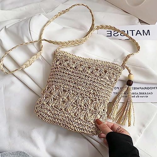 MUNSKT Straw Bag for Women with Tassel & Shell Keychain & Cherry Blossom Brooch, Weave Handmade Bohemian Crossbody Bag with Zipper for Summer Beach Travel — view 2