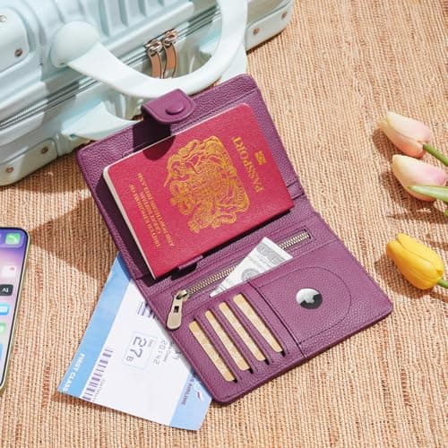 WASON Leather Passport Cover Wallet - Travel Passport Holder with RFID, Card Slots, Cash Pocket, Coin Purse, Tracker Slot, Boarding Pass and Ticket Organizer for Men and Women (Purple) — view 2