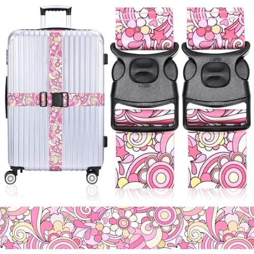 MOTONG 2 PCS Luggage Strap,200 CM Adjustable Suitcase Straps Personalised Luggage Straps Suitcases Heavy Duty Suitcase Belts Thickened Luggage Belt with Quick Release Buckle Pink