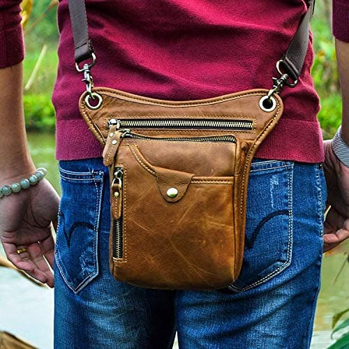 Le'aokuu Mens Genuine Leather Motorcycle Waist Pack Messenger Shoulder Drop Leg Bag 211-5 (211-5 Light Brown 3) — view 3