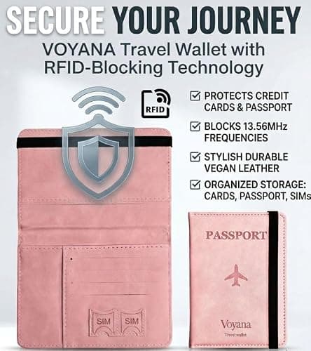 Voyana RFID Blocking Passport Holder, PU Leather Travel Wallet for Men and Women, Slim Cover for Passport, Boarding Pass, Credit Cards and Cash (Pink) — view 6