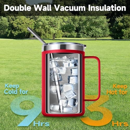 Volhoply 470ml (16oz) Insulated Coffee Mug with Lid and Straw, Stainless Steel Travel Mugs with Handle, Double Wall Vacuum Leak Proof Coffee Tumbler Cup (Red,1) — view 5