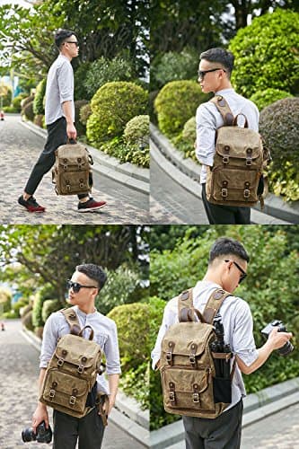 YuanWen DSLR Camera Canvas Backpack Large Capacity Front Open Waterproof Anti-shock SLR/DSLR Camera Rucksack Camera Travel Bag Professional Camera Bag Green — view 6