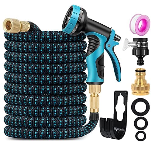 ZhiheHui Garden Hose 50FT Garden Retractable Hose w/ 3/4'',1/2 Fitting & 16mm Universal Adapter Garden Hose w/ 10 Patterns of Water Spray Guns Garden Watering Car Washing Pet Bathing etc.,Blue 50ft
