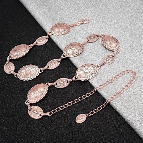 Liutufy Women's Concho Chain Belt Western Cowgirl Metal Waist Chain Belt for Dress, C Rose Gold, L: 53.1 in/135 cm — view 4