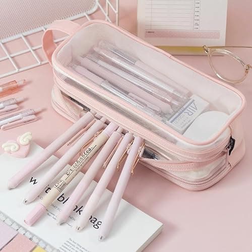 Deyaah Large Clear Mesh Pencil Case Pouch, 2 Compartment Pen Bag Multifunction Pencil Pouch Transparent Makeup Bag for Teen Student College Business Travel Office Adult (Blue) — view 2