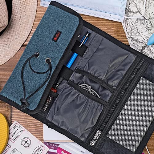 Vinsani Roll Up Accessories Universal Travel Organiser Easy Carry Portable Foldable Make Up Cable Charger Earphones USB SD Card Electronics Essentials Carrying Case – Navy Blue — view 4