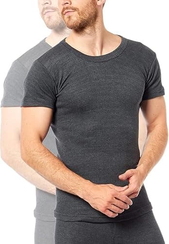 Crazy Fashion Pack of 2 Thermal Tops Men’s - Short Sleeve Plain Round Neck Mens Top Warm T-Shirt Underwear Baselayer Cotton Thermals (Dark Grey,Large) — view 2