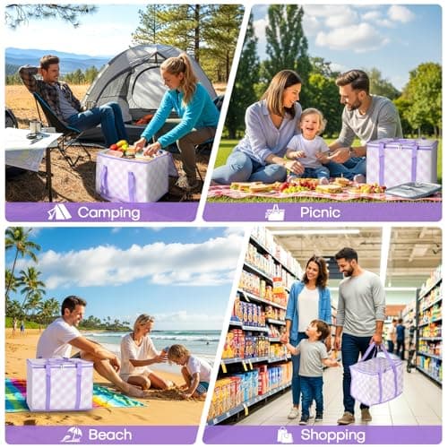 Beautyshow Cool Bag, 40L Large Insulated Bag, Reusable Grocery Shopping Bags with Classic Gingham Design, Foldable Thermal Food Delivery Bags Soft Cooler for Picnic, BBQ, Camping, Beach, Travel, Auto — view 6