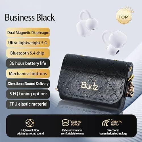 BUDZ Classic Black Wireless Earbuds with Gift Box for Women, Bluetooth 5.4 Headphones with leather bag, Hi-Fi Dual-Magnetic Diaphragm Earphone, 36H Battery, ANC, 360° Spatial Immersion — view 2