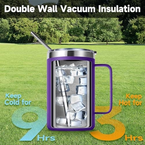 Volhoply 470ml (16oz) Insulated Coffee Mug with Lid and Straw, Stainless Steel Travel Mugs with Handle, Double Wall Vacuum Leak Proof Coffee Tumbler Cup (Purple,1) — view 5
