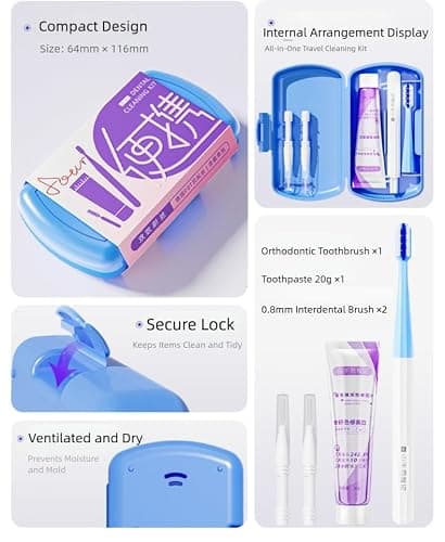 Vonmerie Orthodontic Travel Toothbrush Kit with Toothpaste, Compact Dental Care Set with Detachable Braces Brush & 2 Interdental Brushes for Aligner(Red) — view 2