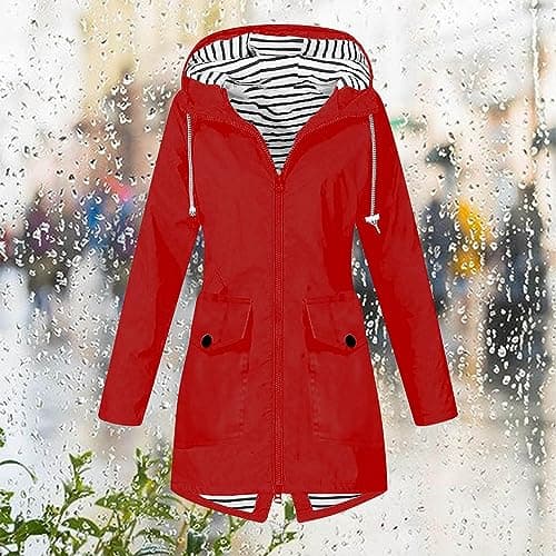 ZJADear Red Lightweight Waterproof Jacket for Women - Travel Cycling Rain Coats,Packable Windbreaker Coats Outwear with Hood,Loose Fit Casual Long Hooded Rain Jacket,Breathable Softshell Raincoat L — view 2