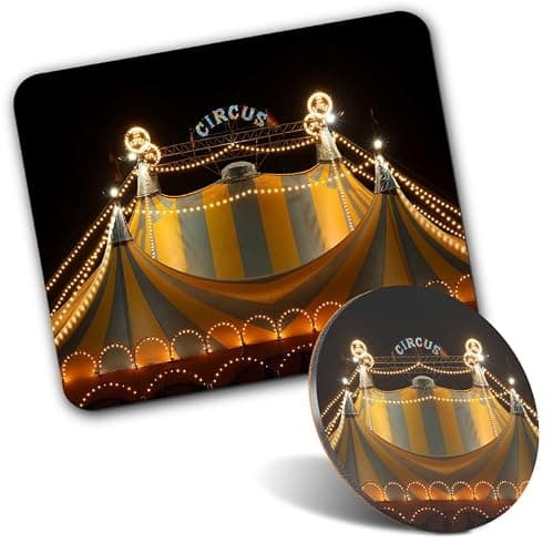 1x Mouse Mat & 1x Round Wooden Cork Coaster Circus Tent Lights Festival Matching Set of Mouse Pad & Placemat for Coffee Tea Drinks Kitchen #50534