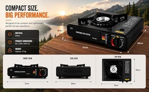 OptiProducts Portable Camping Stove with Carry Case & 4 Butane Gas Canisters – Black Single Burner Gas Cooker, Automatic Piezo Ignition, Adjustable Heat Control, EN417 Compliant, 2100W — view 3