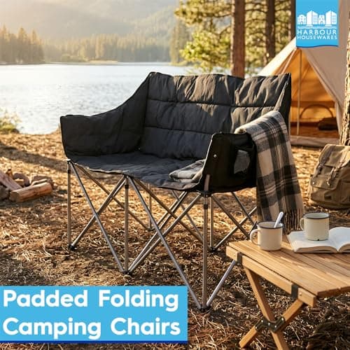 Harbour Housewares Folding Double Camping Chair – Grey - 2 Seater Padded Outdoor Chair, Steel Frame, Foldable Portable Seating, Garden, Festival, Picnic & Beach Chair with Carry Bag & Storage Pockets — view 4