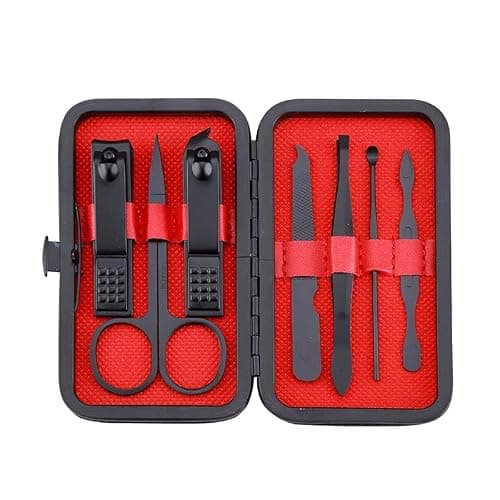 Manicure Set, Portable Nail Clippers & Eyebrow Grooming Kit, Nail Care Tools, Pedicure Tool, Grooming Tools for Travel & Home, Gift for Men, Women, Friends and Parents (7 Pieces) (Black & Red)