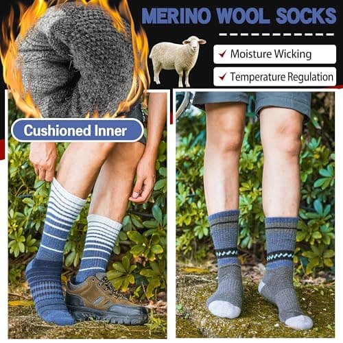 Welwoos Merino Wool Walking Hiking Socks for Women Men Thermal Winter Warm Cosy Crew Work Gift Socks Stocking Fillers 5 Pairs(Blue, 7-11) — view 2