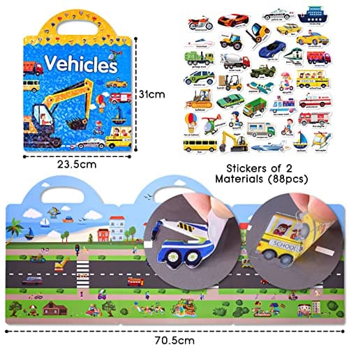 ASTARON Reusable 3D Puffy Sticker Book for Kids, 88 Pcs Cute Waterproof Vehicles Stickers, Puffy Sticker Game Travel Stickers and Educational Sensory Learning Toy（3-6 Age） — view 2