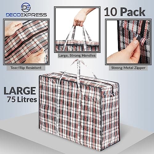 DECO EXPRESS Laundry Bags XL, Pack of 10, 75L Strong, Durable & Reusable Extra Large Storage Bags with Zips, Ideal for Moving, Shopping, Packing, Laundry & Clothes Storage (60 X 50 X 25 CM) — view 5