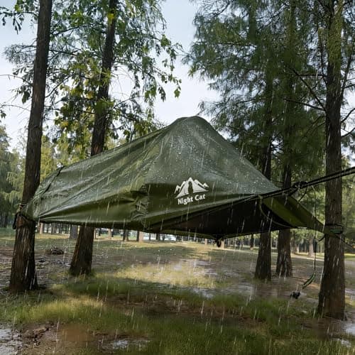 Night Cat Hammock Tent for 1 Person: Triangle Flat Bottom Hammock with Mosquito Net and Outdoor Camping Waterproof Tarp for Backpacking in Jungle Army Green — view 3