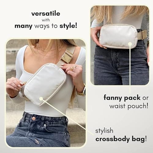 Boutique Belt Bag | Crossbody Bag Fanny Pack for Women Fashionable | Cute Mini Everywhere Bum Hip Waist Pack | Small Fashion Travel Chest Bag | Gold Silver Accessories | Adjustable Strap, Cream, One — view 5