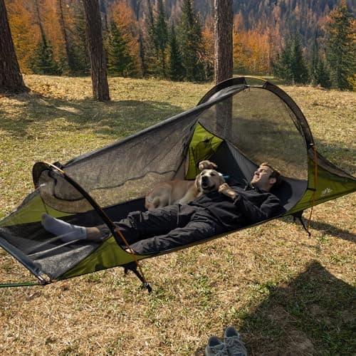 Night Cat Hammock Tent for 1 Person: Triangle Flat Bottom Hammock with Mosquito Net and Outdoor Camping Waterproof Tarp for Backpacking in Jungle Army Green — view 4